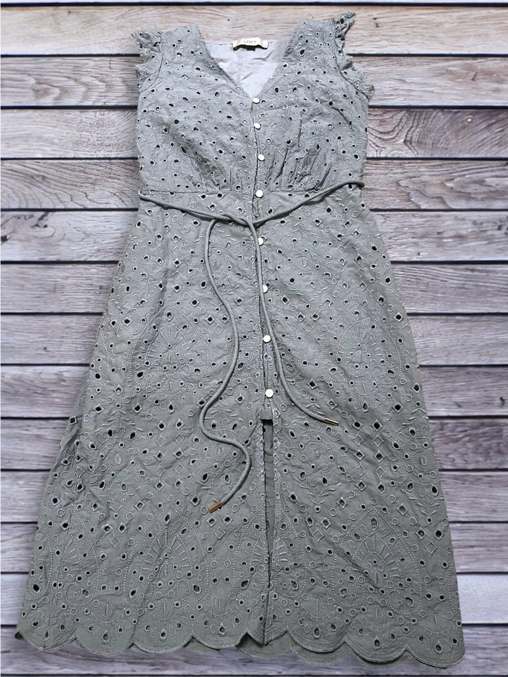 LOFT light blue Eyelet Button-Front Dress with Tie Waist cottagecore